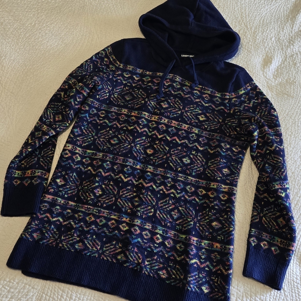 Lands' End Multicolor Patterned Hooded Sweater, S… - image 1